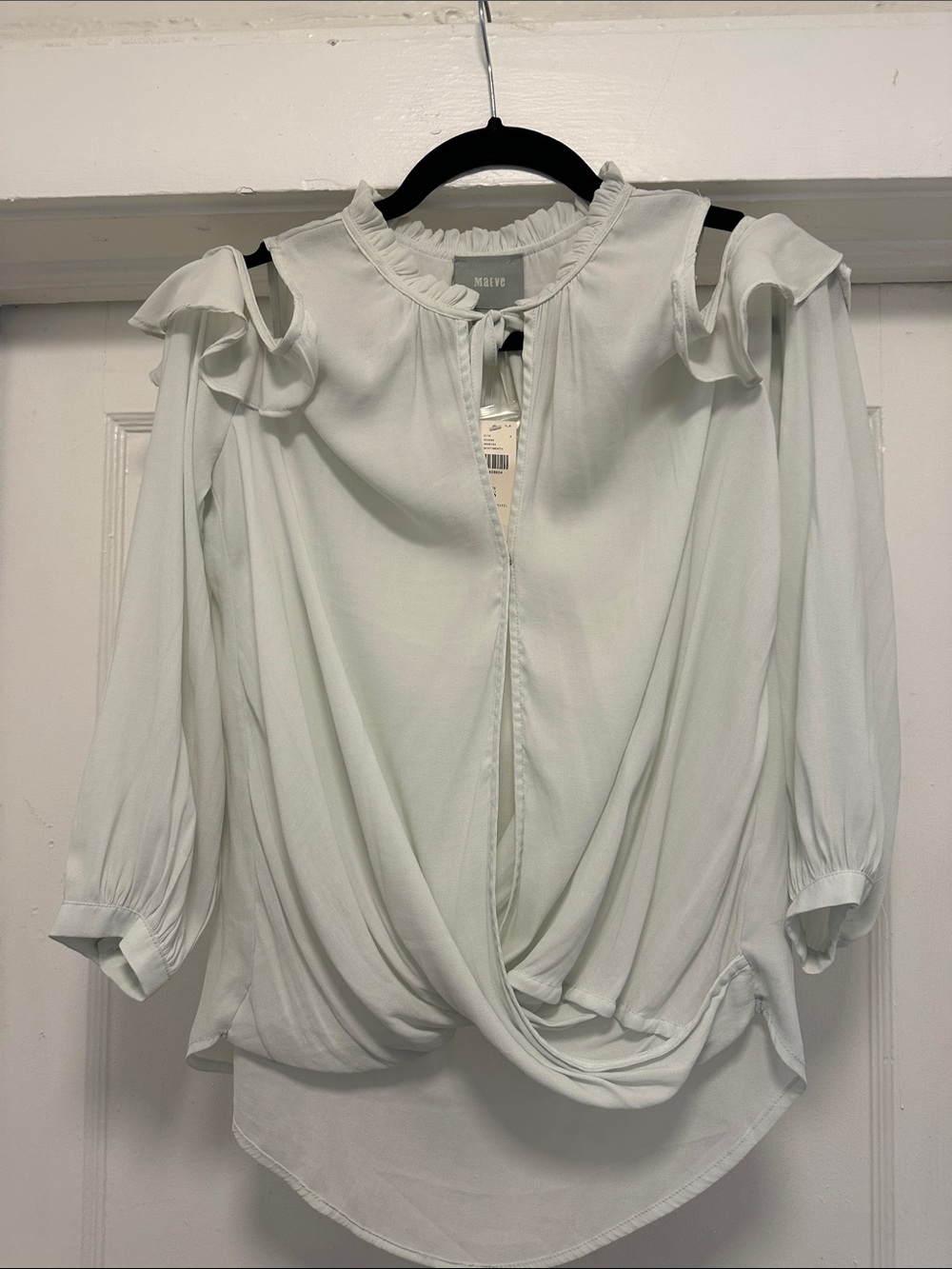 Maeve Mint Green Cold-Shoulder Ruffle Twist Blouse